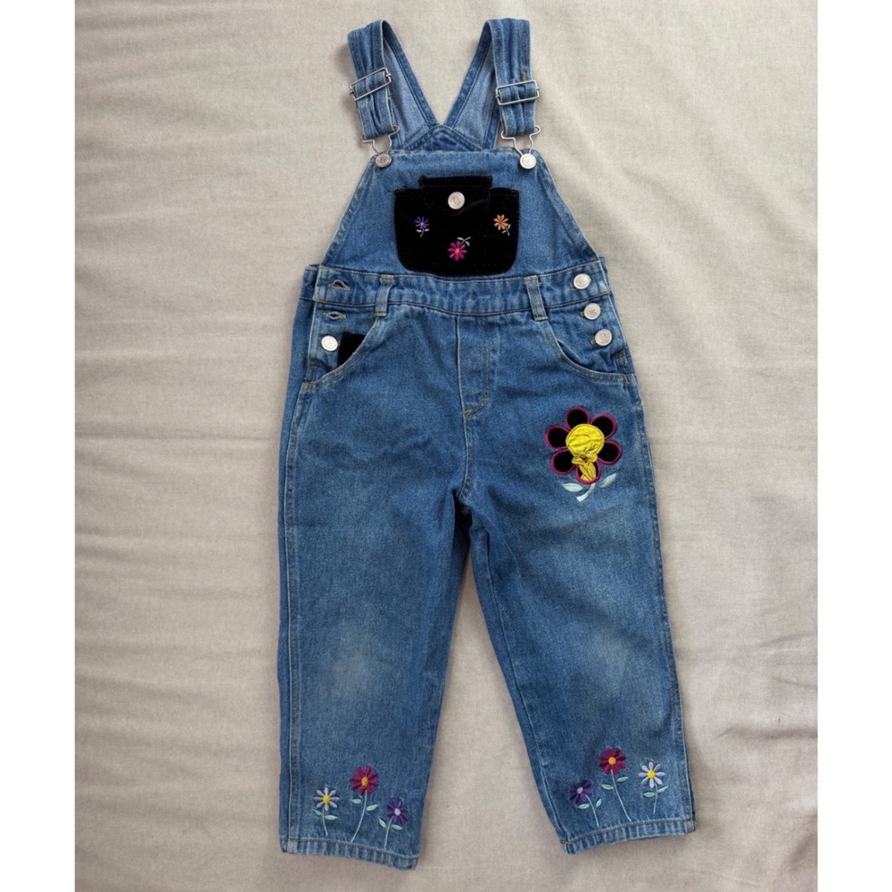 Vintage 90's Looney Tunes WB Tweety Bird Denim Overalls Kids 4/5 Tweety Flower